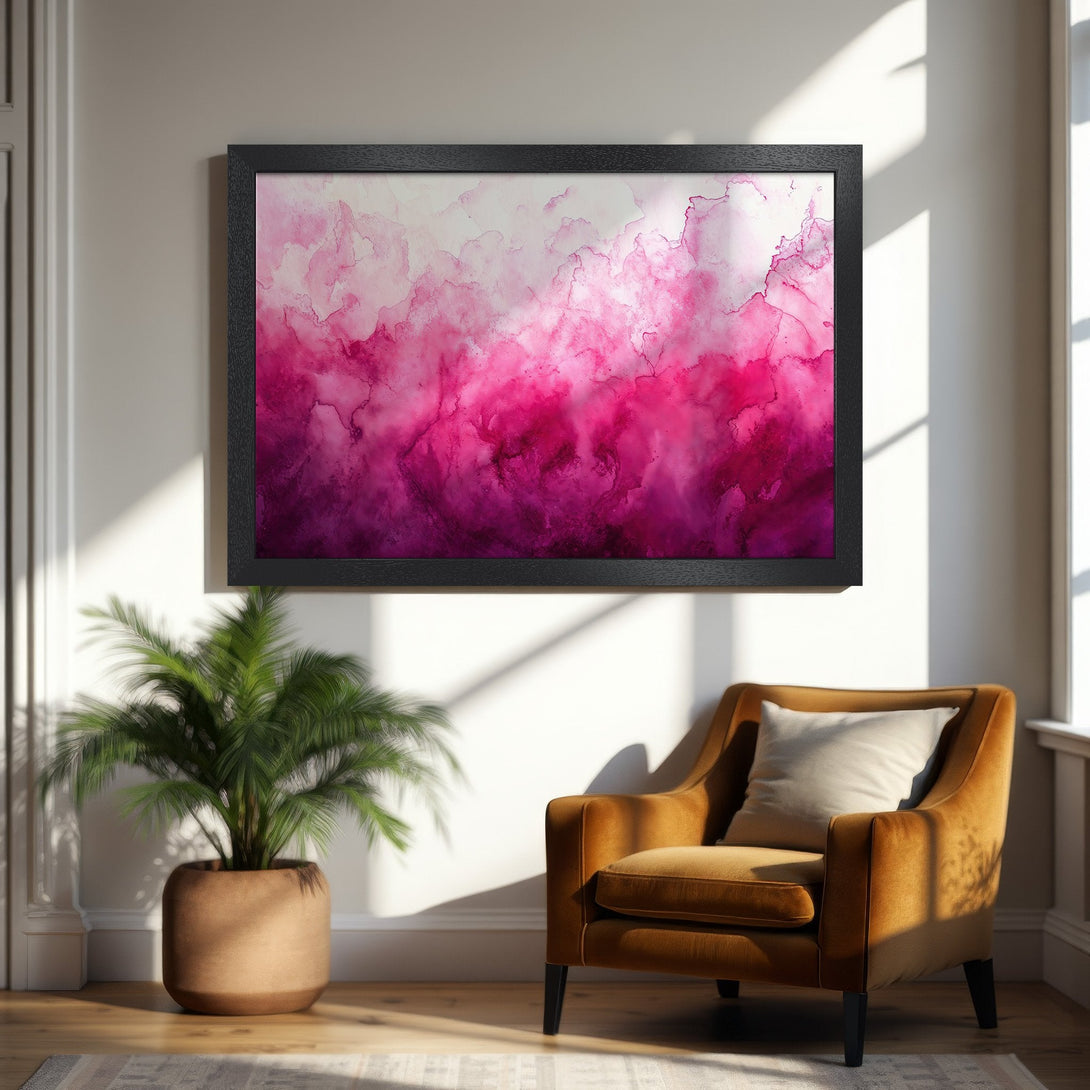 Framed Poster featuring abstract pink watercolor art. Modern decor with a vibrant color palette to elevate your space.
