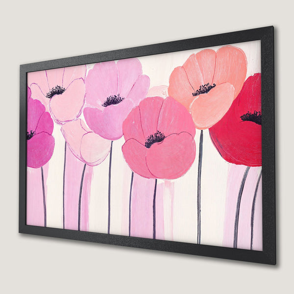 Framed Poster featuring abstract poppy flowers in pink and red hues, perfect wall art for a modern home.