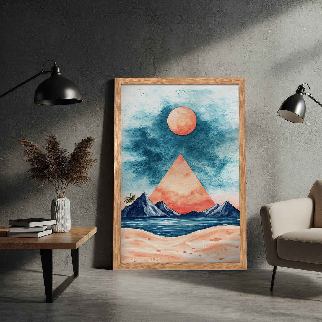 Framed Poster featuring a watercolor landscape with mountains and a sunset. Soft, warm color palette. Perfect wall art.