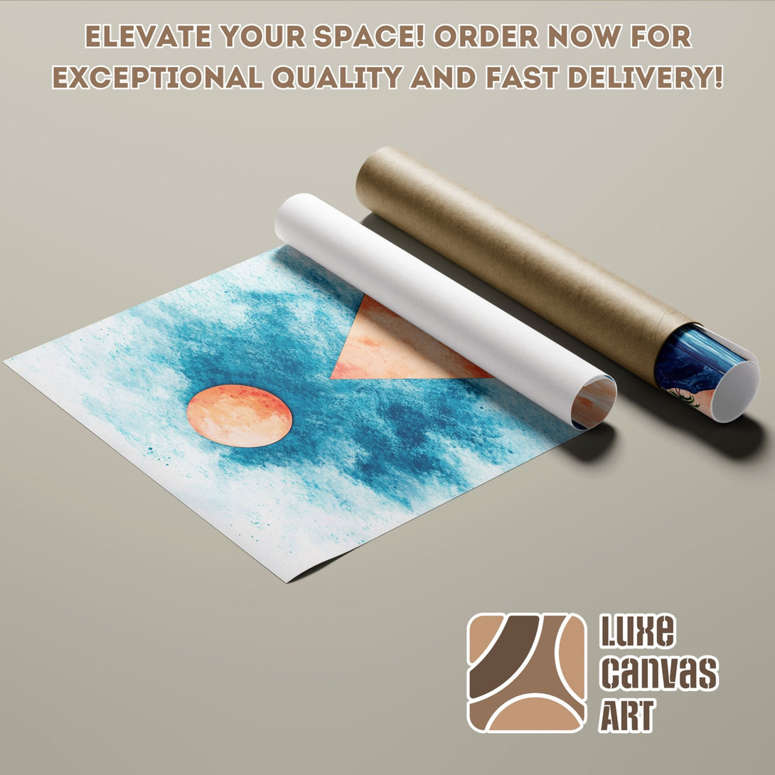 Abstract art poster roll with blue, orange, and beige color palette. Elevate your space with this stunning Poster! Order now!