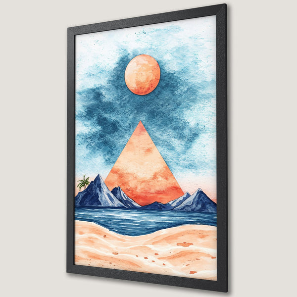 Framed Poster featuring a watercolor landscape with mountains, beach, and sunset. Blue, orange, and beige color palette. Perfect wall art!