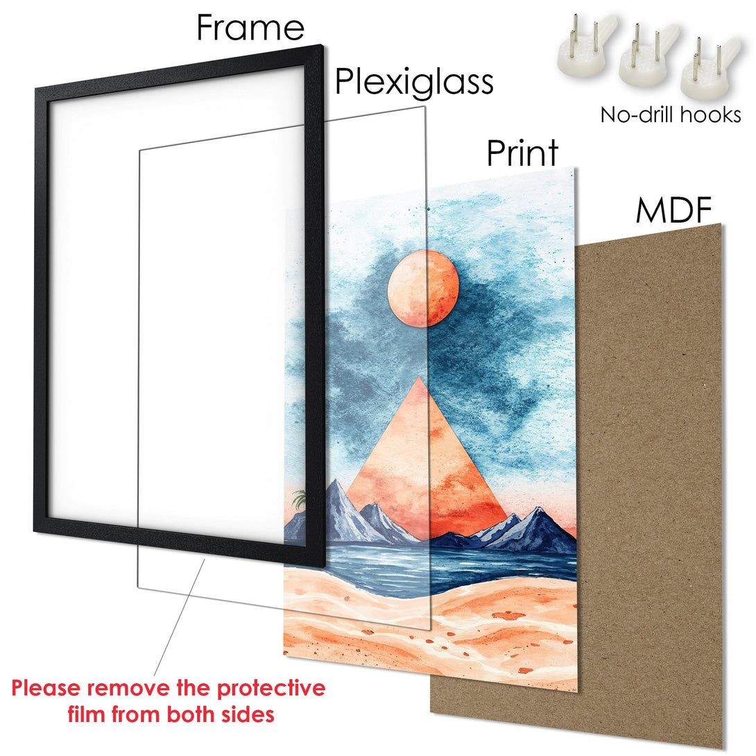 Framed Poster featuring a watercolor landscape with a sunset. Artistic style, warm orange, blue, and beige color palette. Ready to hang!