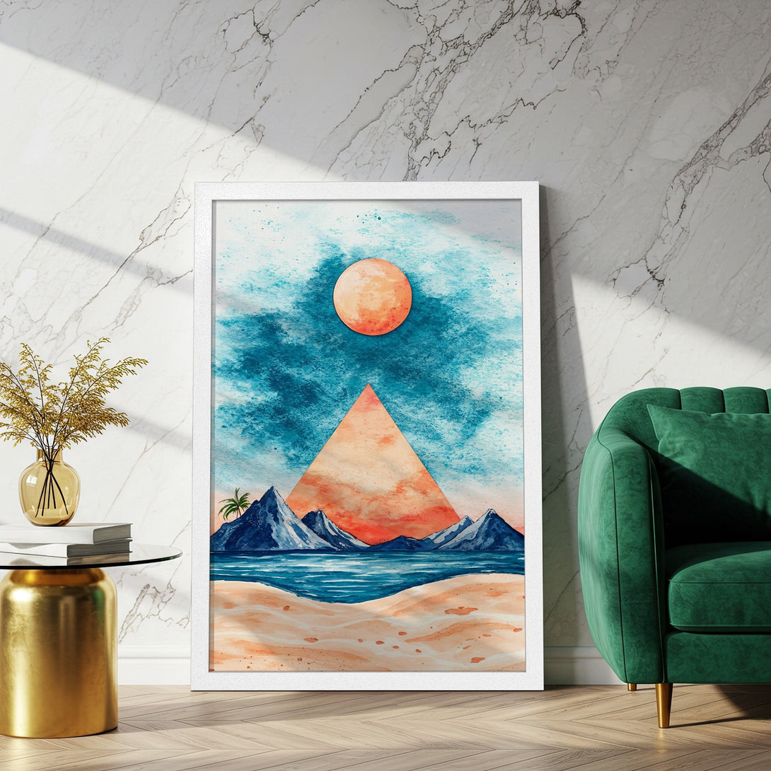 Framed Poster featuring a watercolor landscape with a sunset color palette. Perfect wall art for a modern home.
