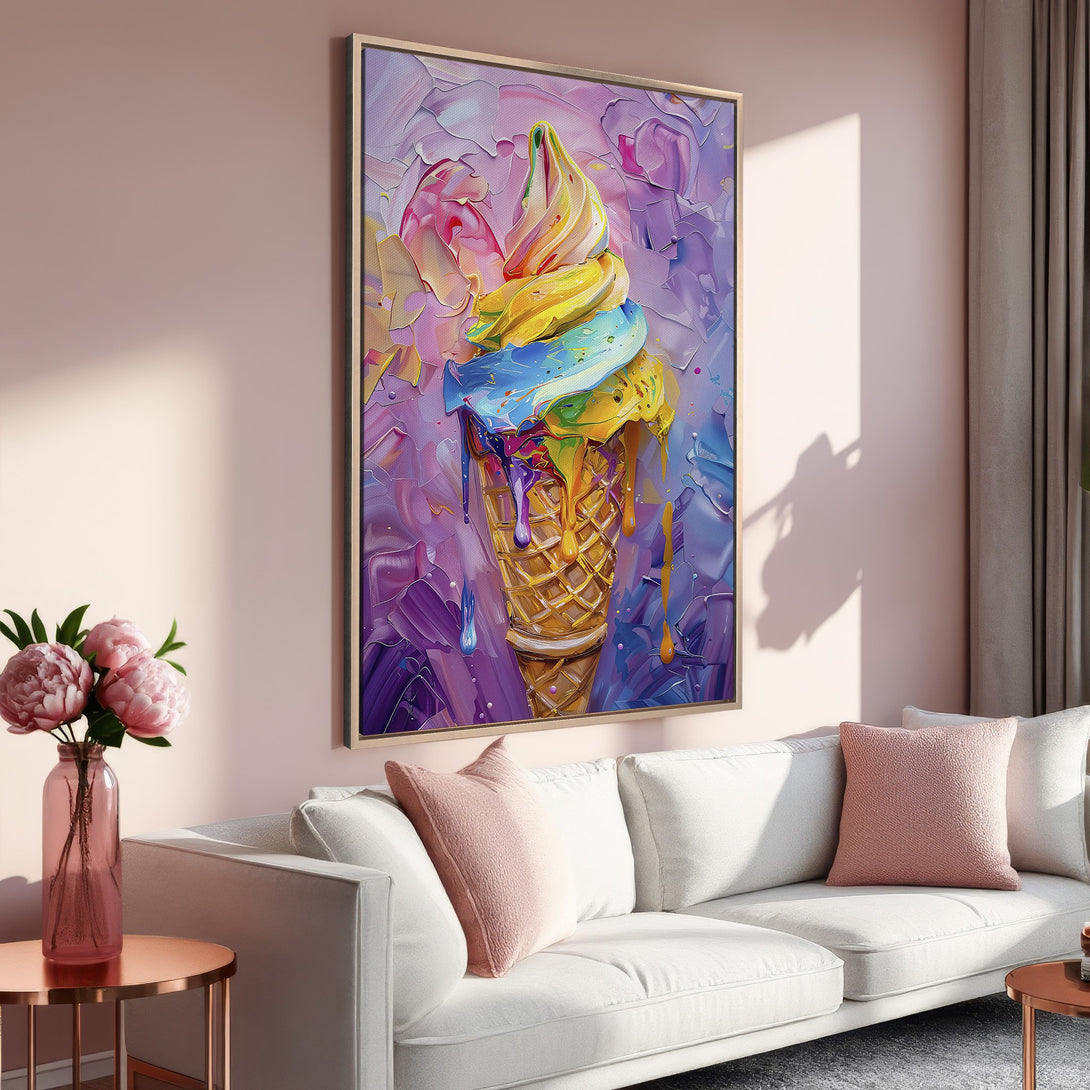 Framed Wall Art: Colorful ice cream cone painting in a modern style with a vibrant pink, purple, and yellow palette. Perfect for adding a pop of color!
