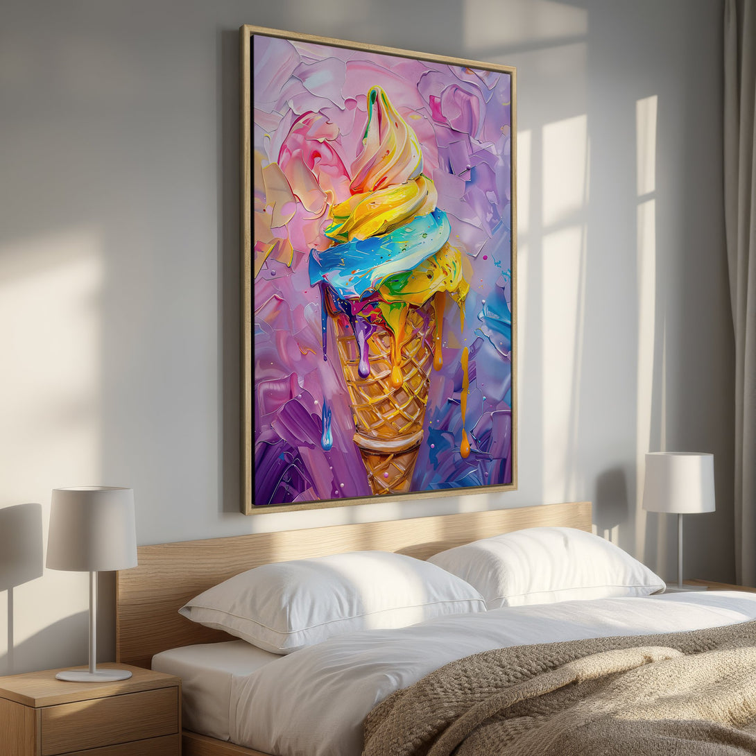 Framed Wall Art: Colorful ice cream cone painting in a bedroom. Modern abstract art with a vibrant palette of pink, yellow, blue, and purple. Perfect home decor!