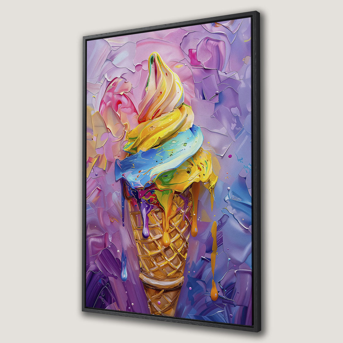 Framed Wall Art: Colorful ice cream cone painting in vibrant purple, pink, yellow, and blue. Textured, abstract style. Perfect for kitchen or dining room decor.