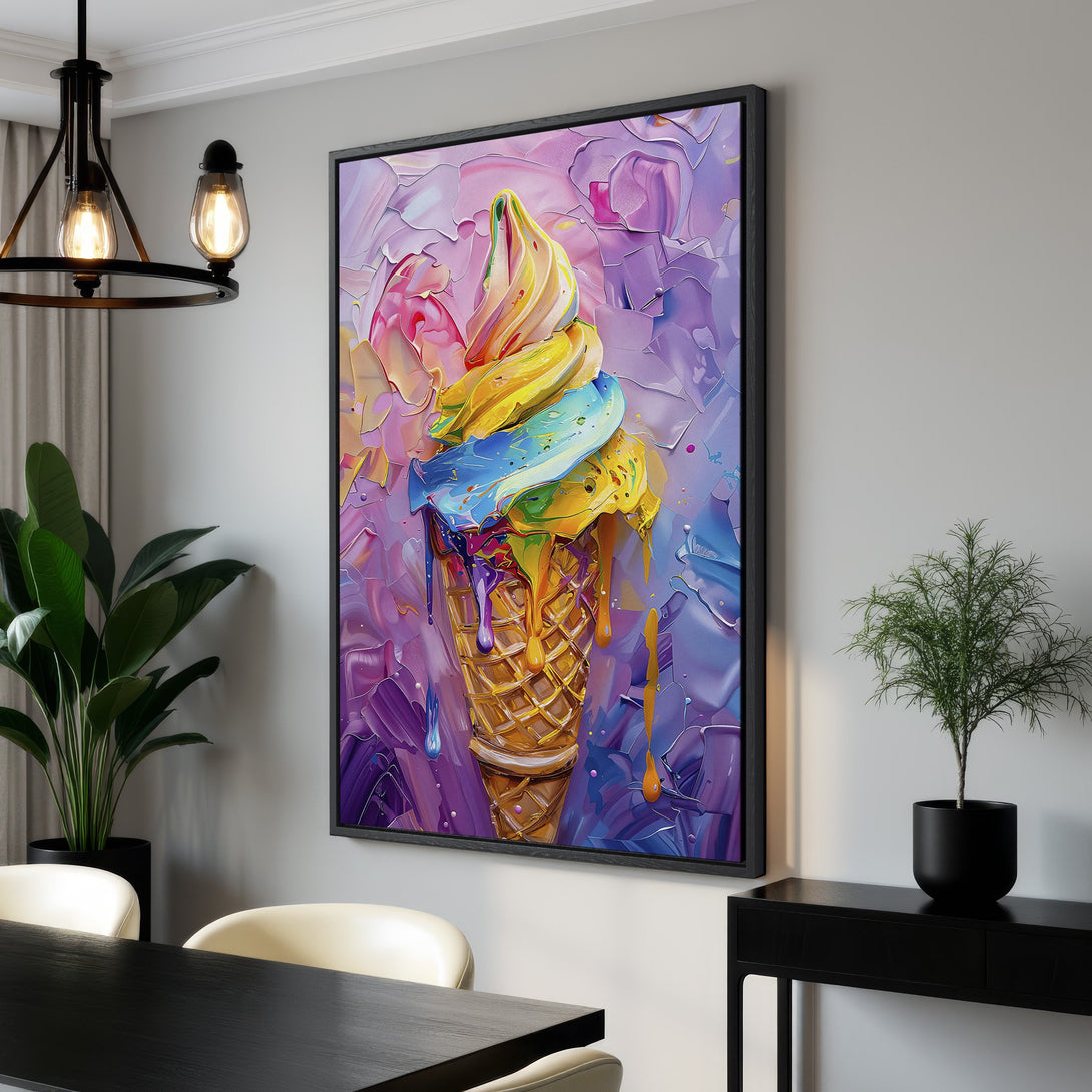 Framed Wall Art featuring a vibrant, abstract ice cream cone. Colorful, impressionistic style with a palette of pinks, purples, blues, and yellows. Adds a pop of art to any space!