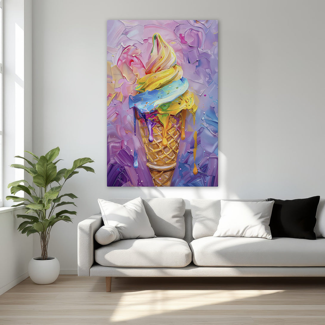 Framed Wall Art: Vibrant ice cream cone painting in a modern, textured style. Colorful palette of pinks, purples, blues, and yellows. Perfect for adding pop to any room!