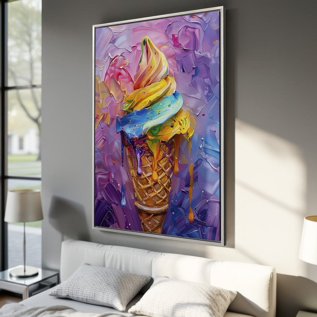 Framed Wall Art of a vibrant, textured ice cream cone. Modern, colorful abstract painting with a purple, yellow, and blue palette. Perfect for adding a pop of color!