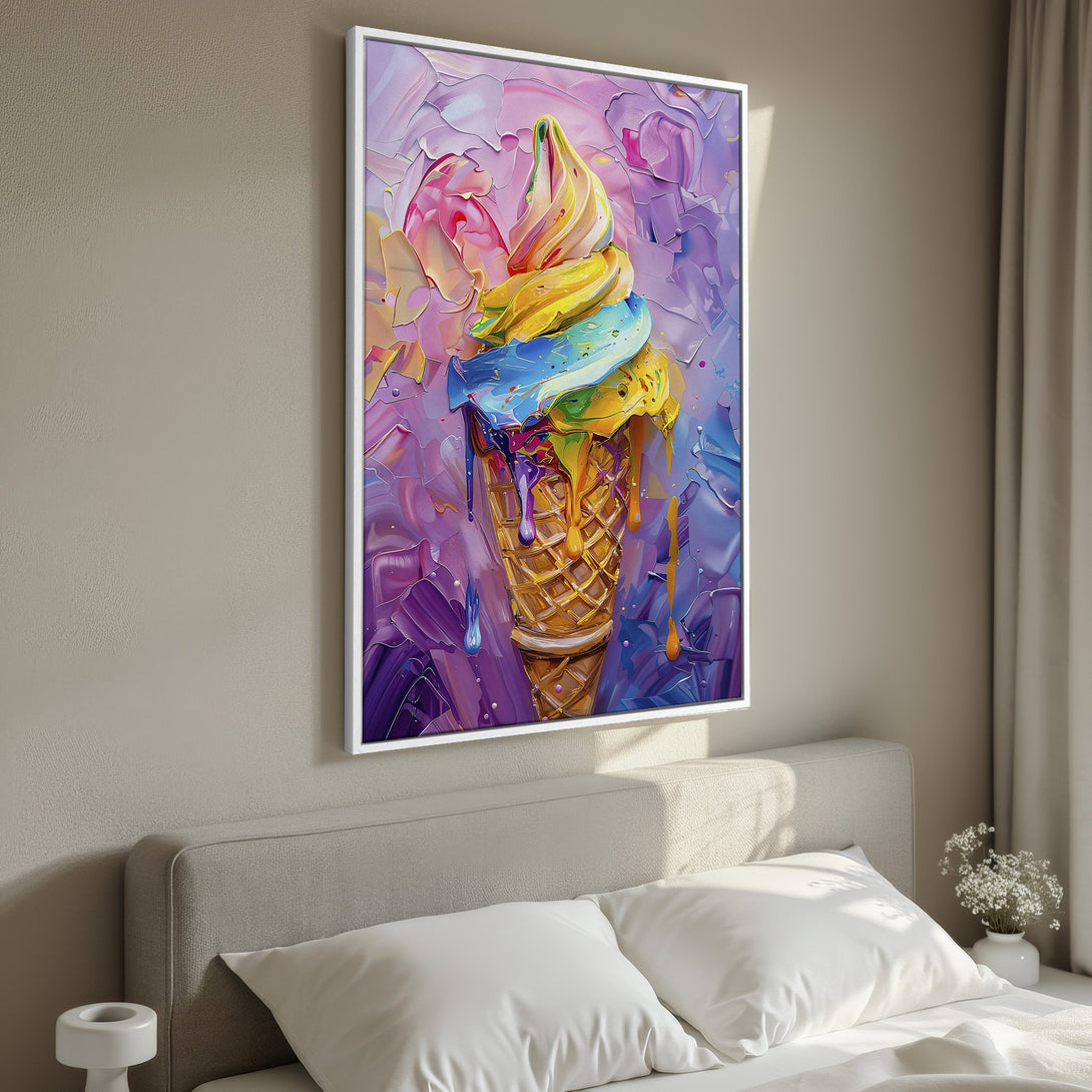 Framed Wall Art: Colorful ice cream cone painting in vibrant pinks, blues, and yellows. Modern, textured style, perfect for adding a pop of fun to any room!
