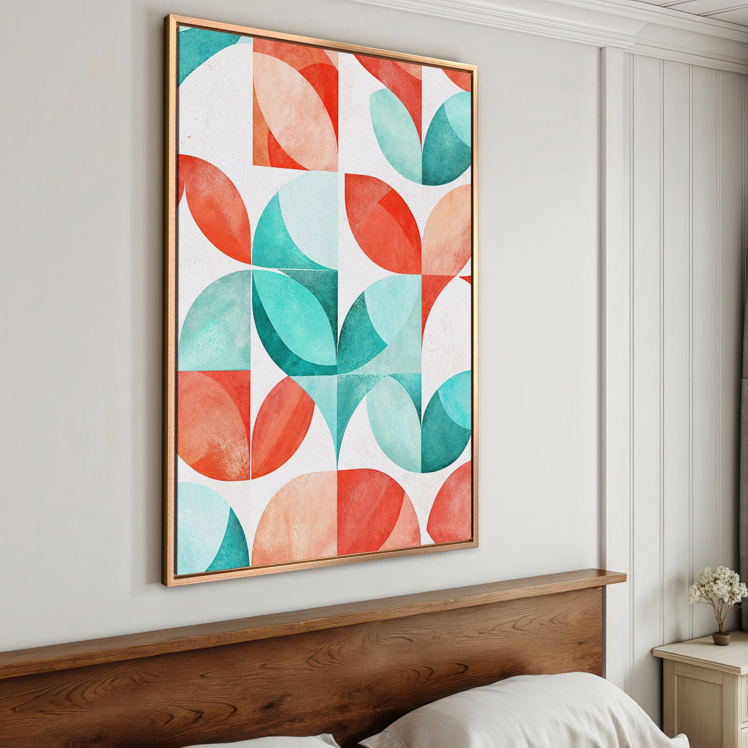Framed Wall Art: Geometric abstract Canvas Print in retro style with teal, coral, and white color palette, perfect for adding a pop of color to your space.