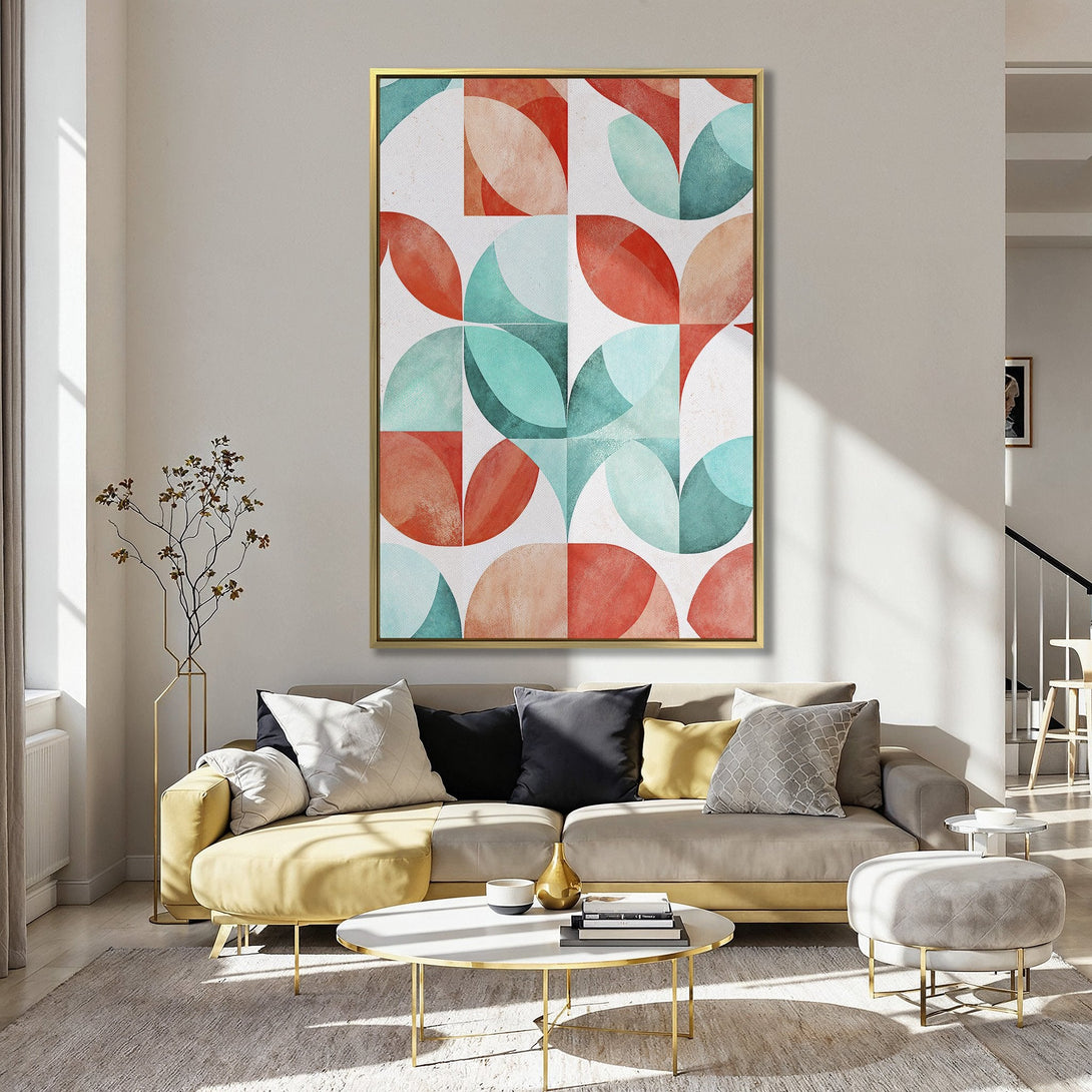 Canvas Print: Geometric abstract art with teal and coral hues. Modern wall decor for a stylish kitchen.