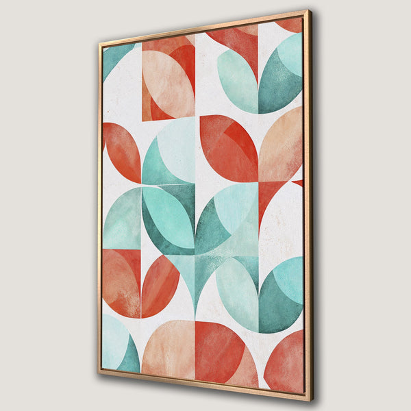 Framed Wall Art featuring a modern geometric design in teal, orange, and coral hues. Perfect for adding a pop of color to your home decor!