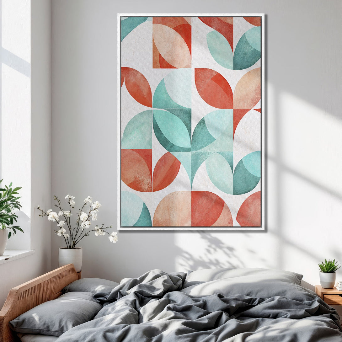 Framed Wall Art: Geometric abstract art in teal and coral hues. Modern canvas print adds a pop of color to any room. Shop now!