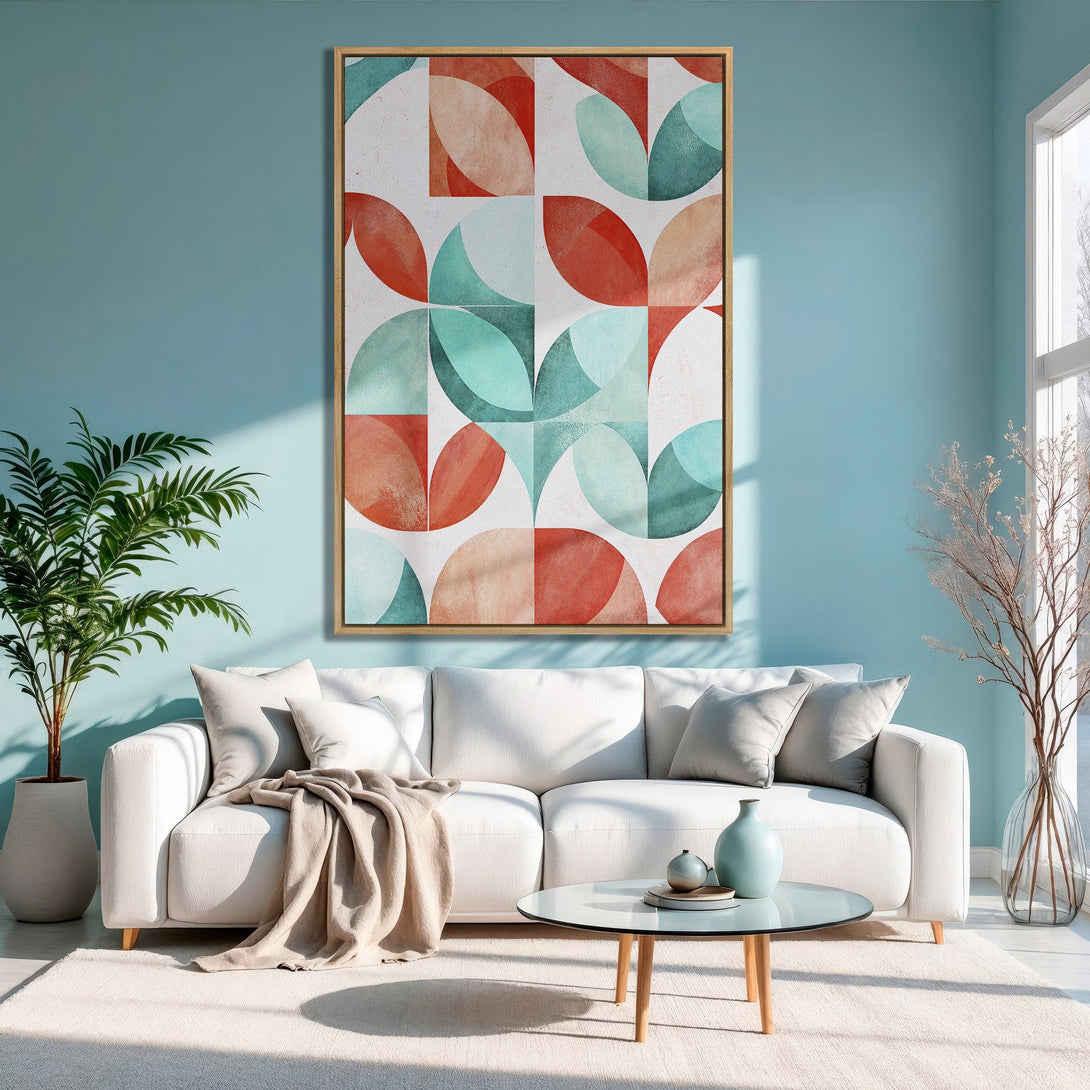 Framed Wall Art: Abstract geometric print in a mid-century modern style, featuring red, teal, and neutral tones. Perfect for living room decor.