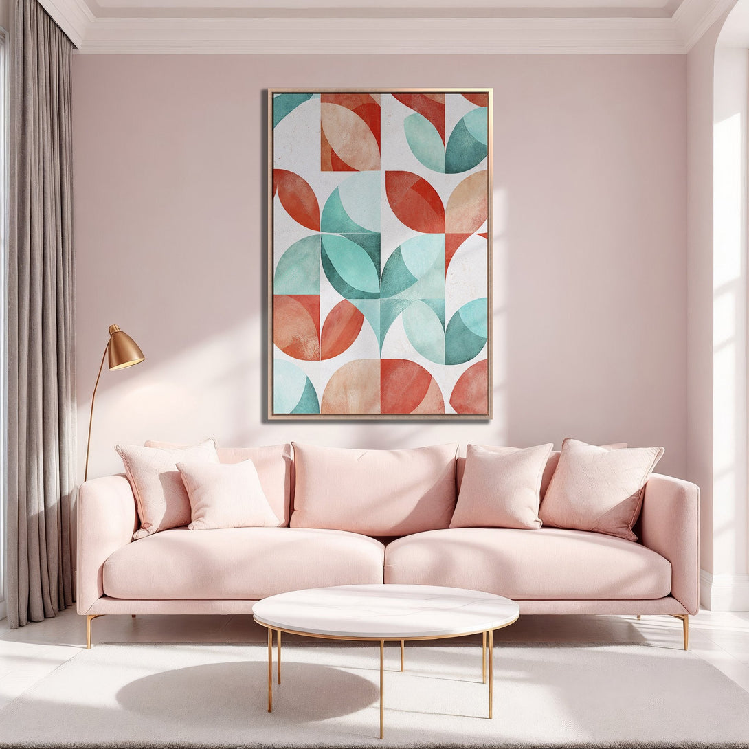 Framed Wall Art: Modern geometric abstract art in coral, teal, and white. Stylish decor for a living room, adding a pop of color to a pink interior.