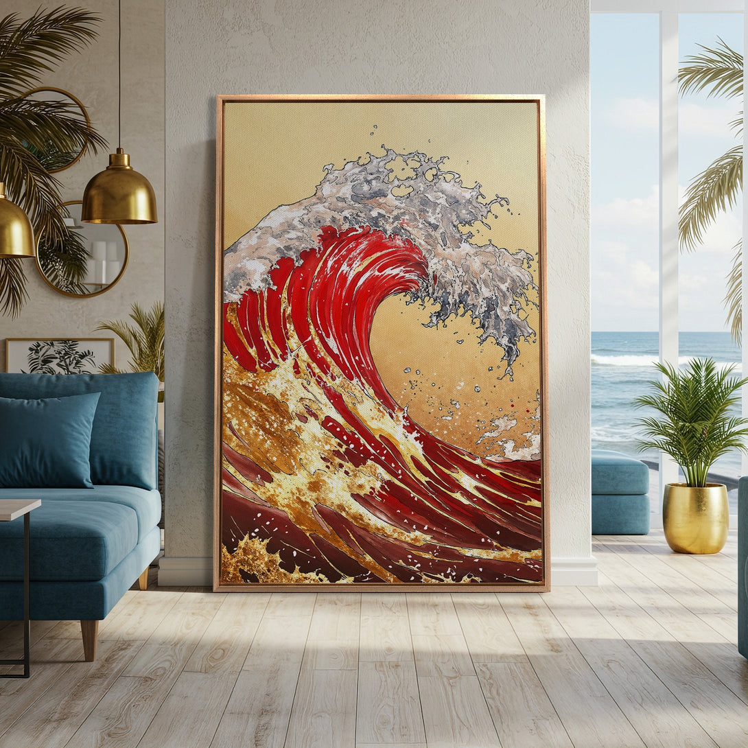 Framed Wall Art: Dramatic wave art in a vibrant red and gold palette. Coastal-inspired canvas print perfect for adding a statement piece to your home decor.