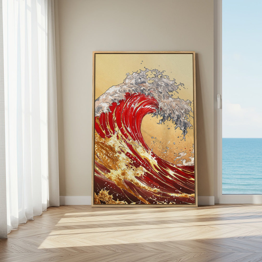 Framed Wall Art featuring a vibrant red wave in an interior setting. Bold, artistic style with a warm, golden color palette. Perfect for coastal decor!
