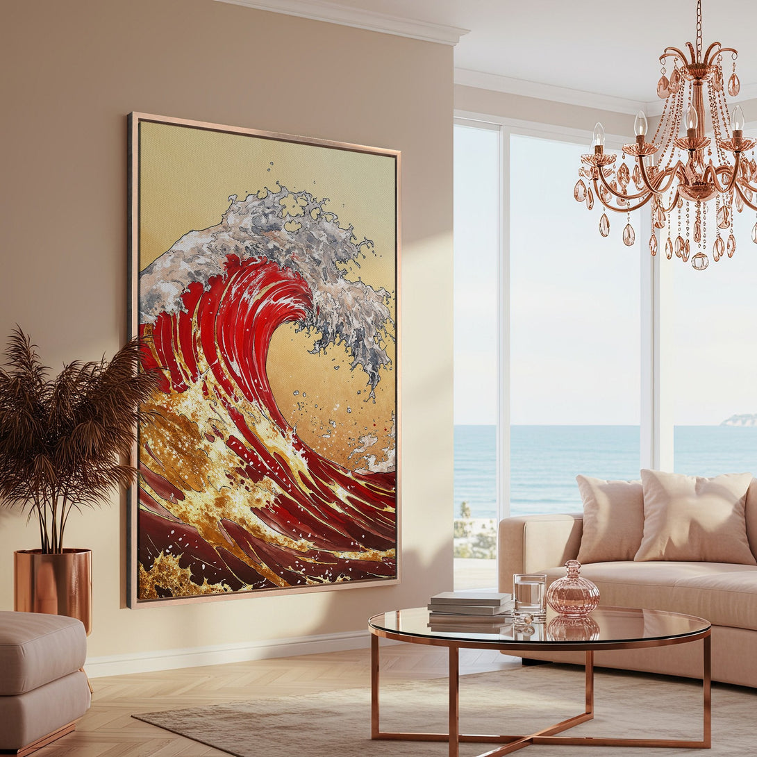 Framed Wall Art: Vibrant wave art in red, gold, and gray tones. Coastal decor inspiration for your home. Add a touch of art and elegance!