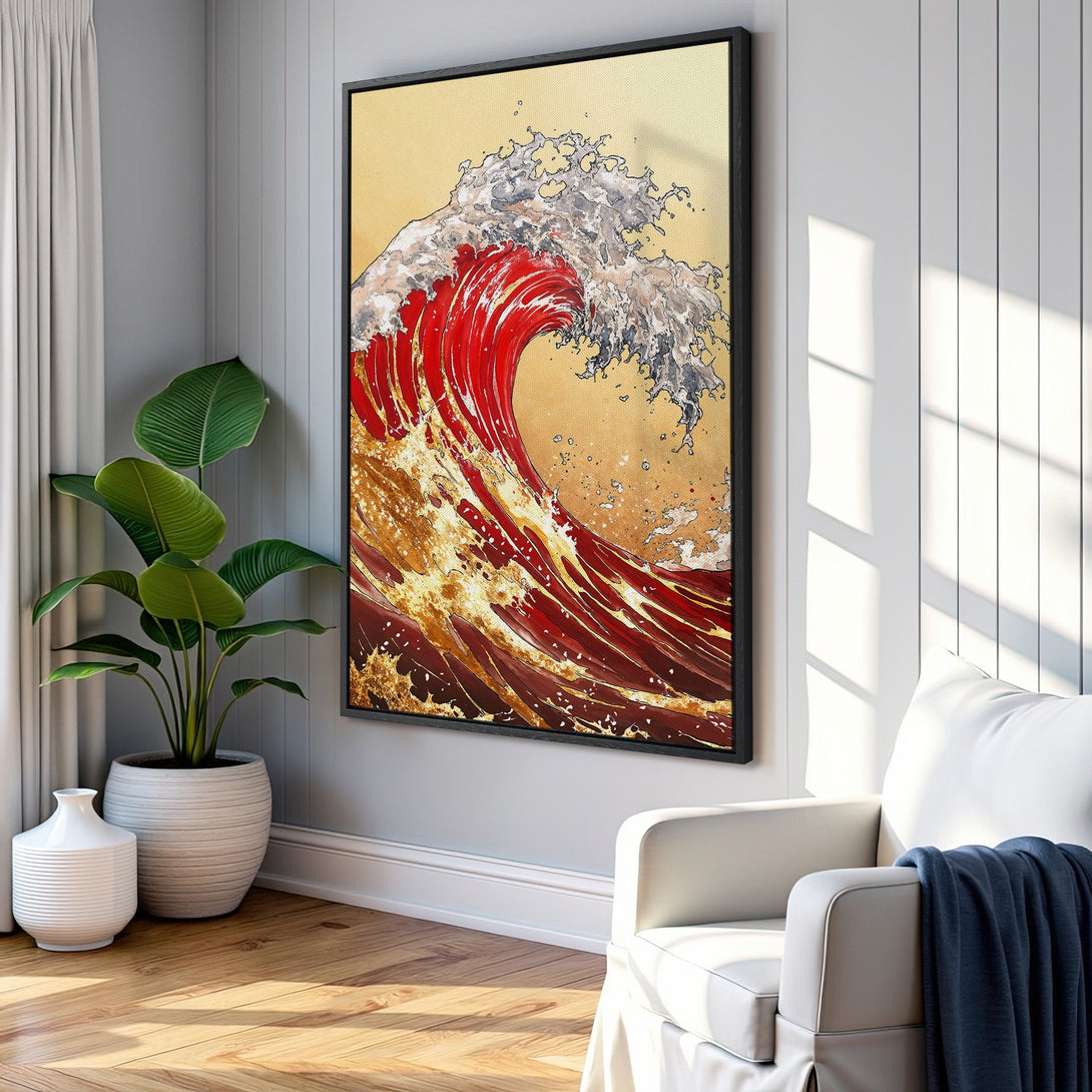 Framed Wall Art: Stunning wave art in a Japanese style, featuring a vibrant red, gold, and white color palette. Perfect for adding a touch of elegance to your home.
