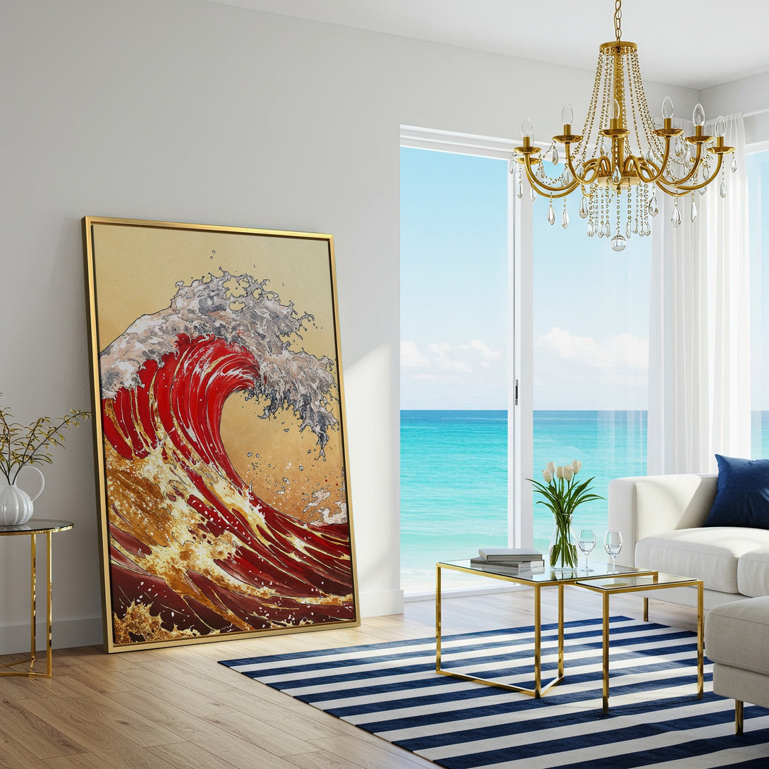Canvas Print of a vibrant red and gold wave in a modern living room. Coastal-inspired art with a warm, inviting color palette.