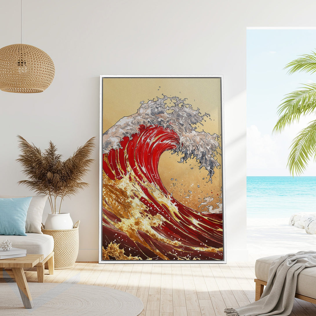 Framed Wall Art: Abstract wave art in red, gold, and white, displayed in a bright, coastal-style interior. Perfect for adding a pop of color!