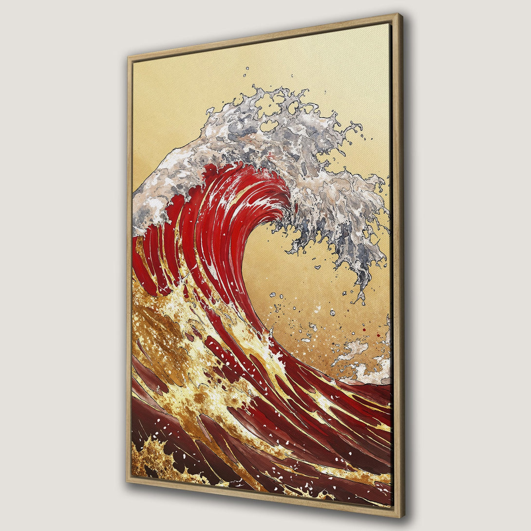 Framed Wall Art featuring a vibrant red wave in a Japanese-inspired style. Gold and neutral color palette. Perfect for adding a touch of art to your home.