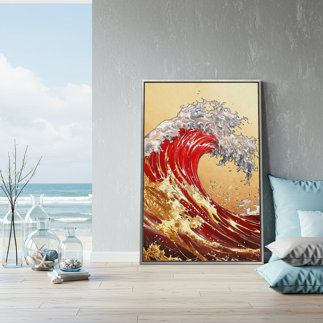 Framed Wall Art featuring a vibrant wave design in red, gold, and white. Perfect coastal decor for your home.