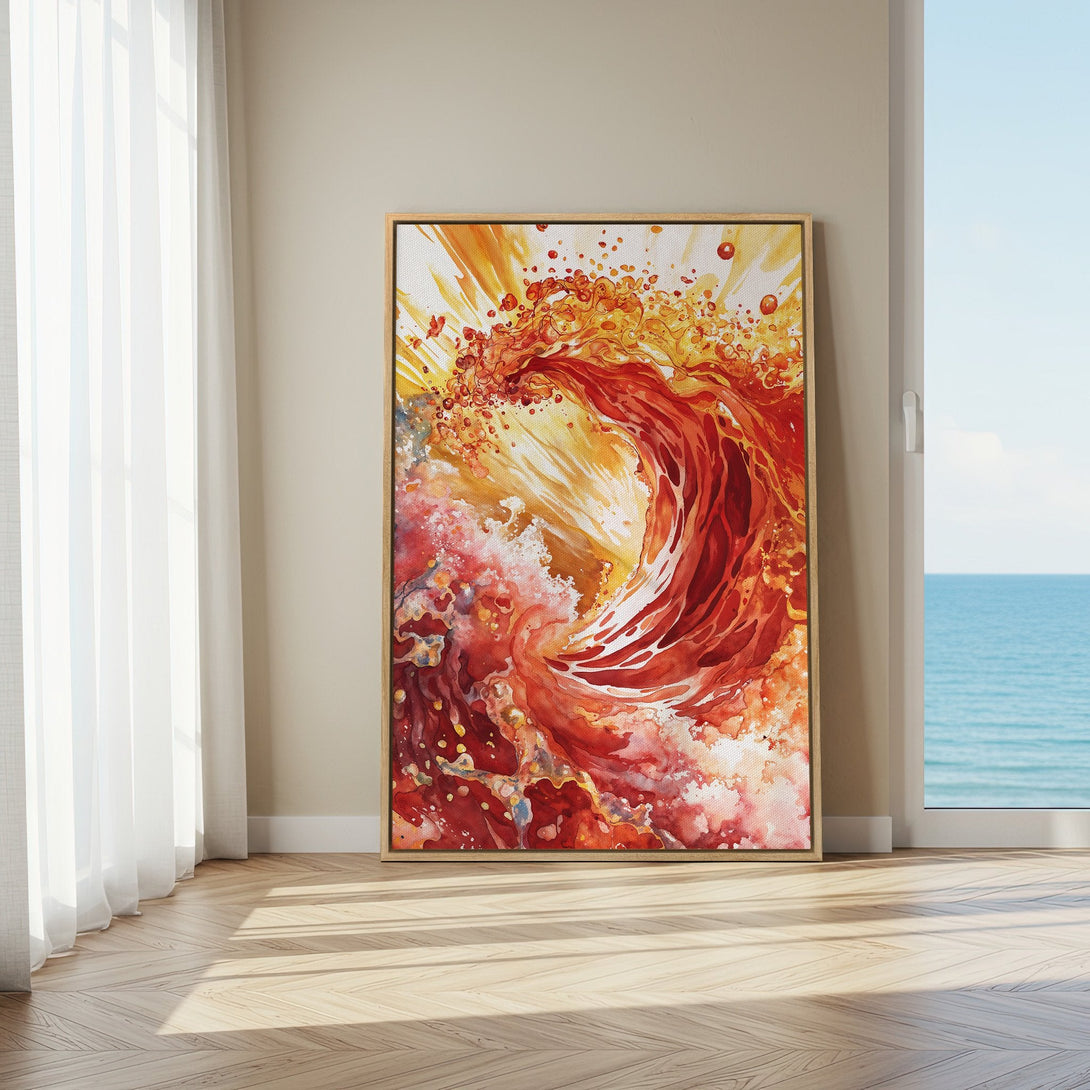 Framed Wall Art: Abstract watercolor wave in fiery red and yellow tones. Modern art canvas print adds vibrant style to any space.