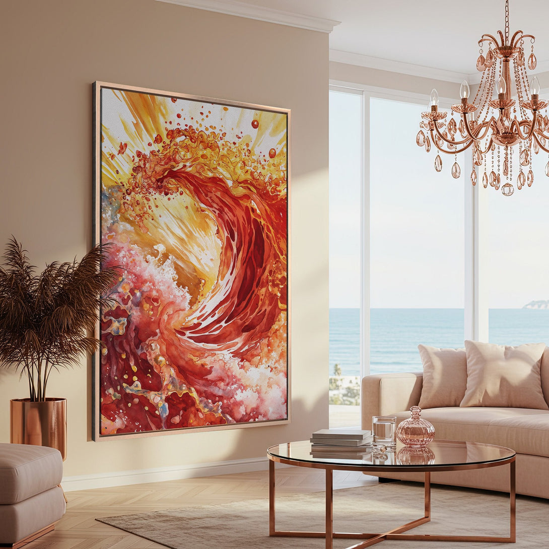 Framed Wall Art: Abstract watercolor canvas print in warm red and yellow tones. Adds a touch of modern art to any living room decor.