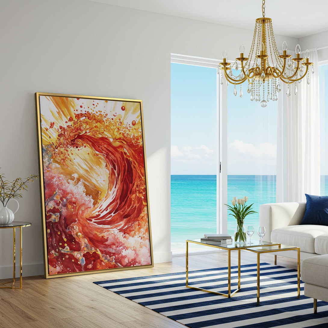 Canvas Print of abstract watercolor art in warm red and orange tones, perfect for adding a pop of color to your living room.