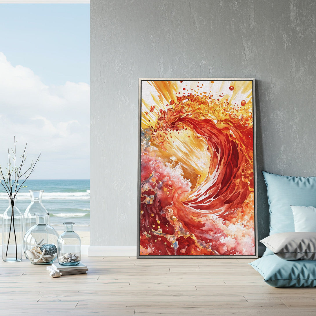 Framed Wall Art: Abstract wave art in warm red and gold tones. Modern canvas print adds a pop of color to any interior. Shop now!