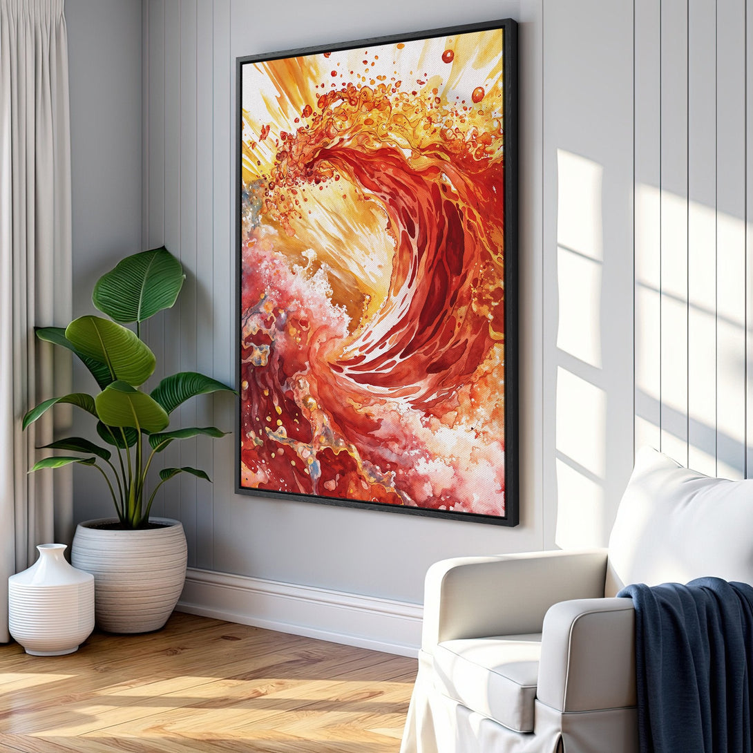 Framed Wall Art featuring an abstract watercolor design in a vibrant red and yellow color palette. Perfect for adding a pop of color to any modern interior.