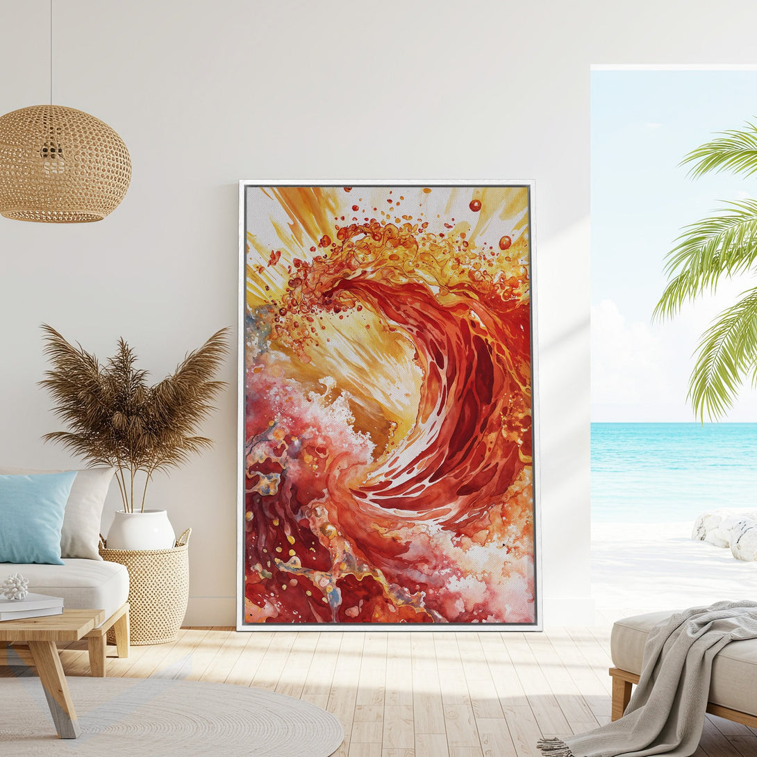 Framed Wall Art: Abstract watercolor wave in warm red & yellow tones. Coastal art for a vibrant home. Shop our Canvas Print collection today!