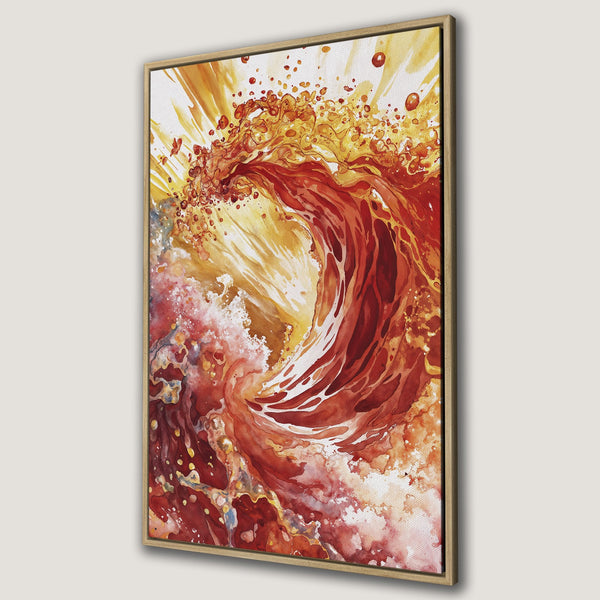Framed Wall Art: Abstract watercolor painting in warm red and yellow tones, depicting a swirling, dynamic composition. Perfect for adding a splash of color!