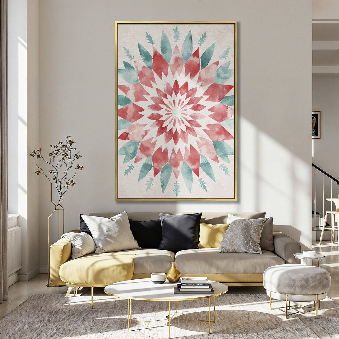 Canvas Print of a watercolor floral design in red and teal, displayed in a stylish kitchen. Perfect wall art to brighten your space!