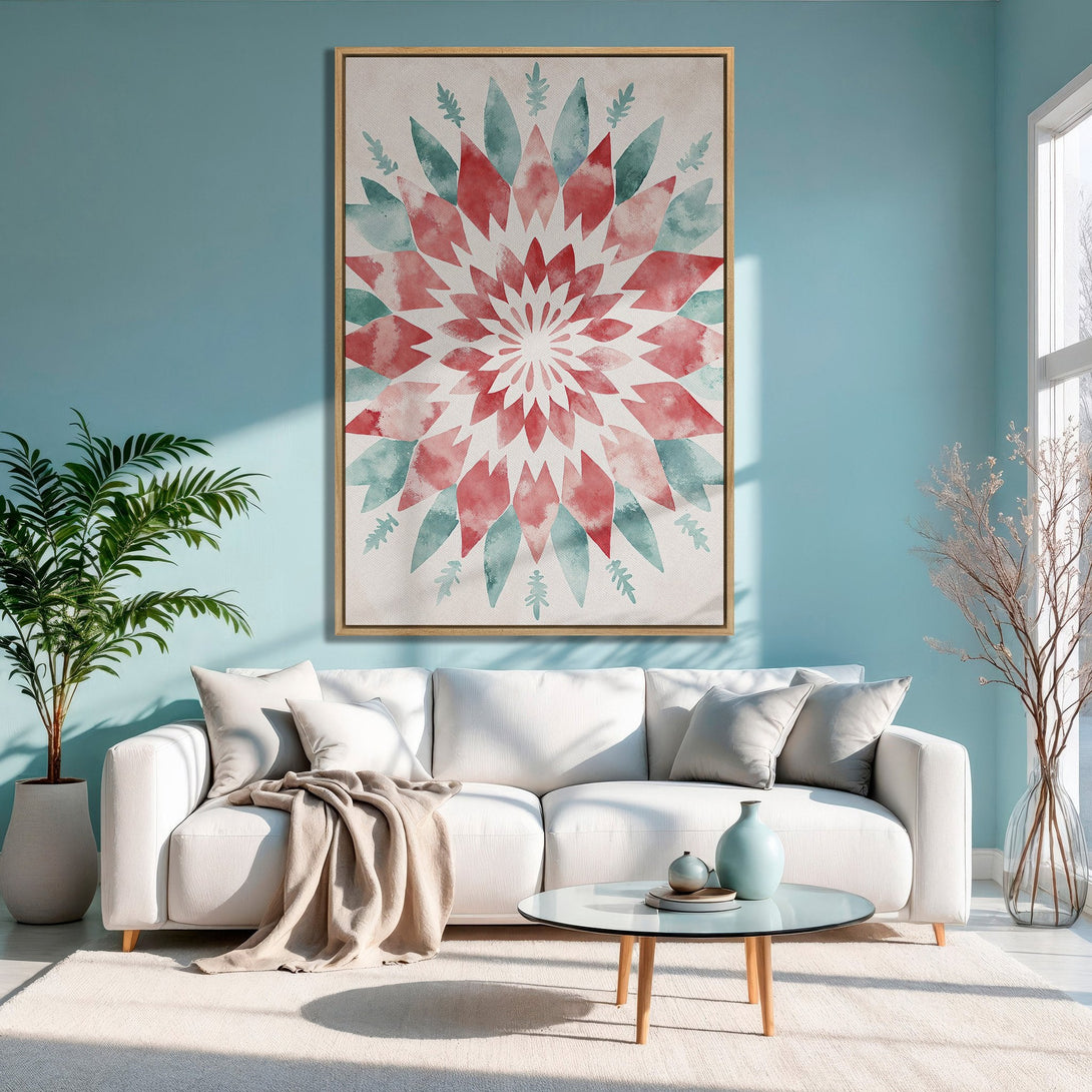 Framed Wall Art featuring a watercolor floral design in red and teal. Modern Canvas Print adds a pop of color to a serene living room.
