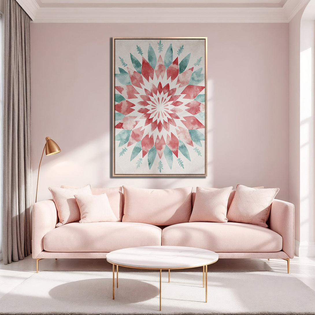 Framed Wall Art featuring a watercolor floral design in red, teal, and neutral tones. Perfect for adding a touch of elegance to any room!