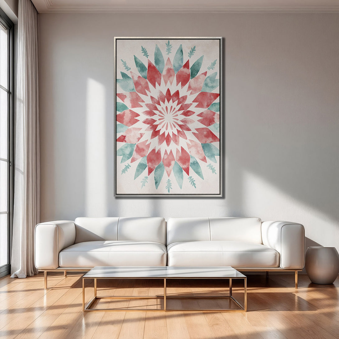 Framed Wall Art: Watercolor floral design in red, teal, and neutral tones. Modern living room decor with a white sofa and gold accents.