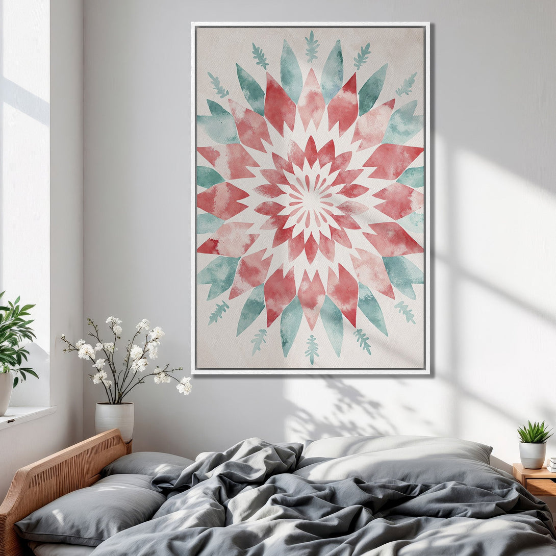 Framed Wall Art: Watercolor floral design in red and teal. Modern canvas print, perfect for bedroom decor. Adds a pop of color to any space.
