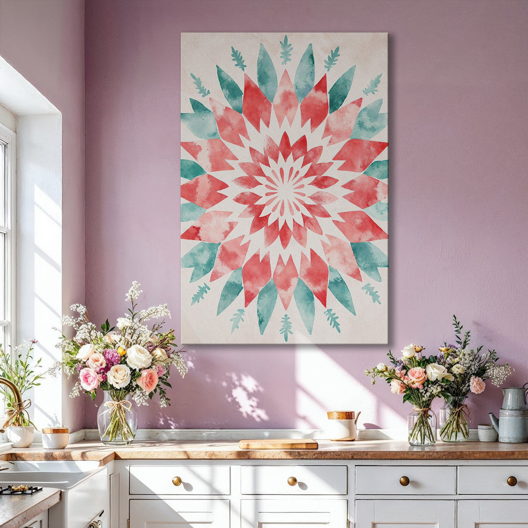 Framed Wall Art featuring a watercolor floral design in red and teal. Adds a touch of elegance with its modern style and warm color palette to any interior.