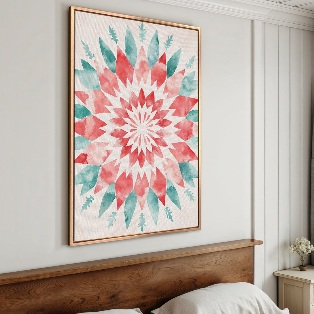 Framed Wall Art: Watercolor floral print in red & teal. Modern abstract art for bedroom decor. Adds a pop of color & style to any space.