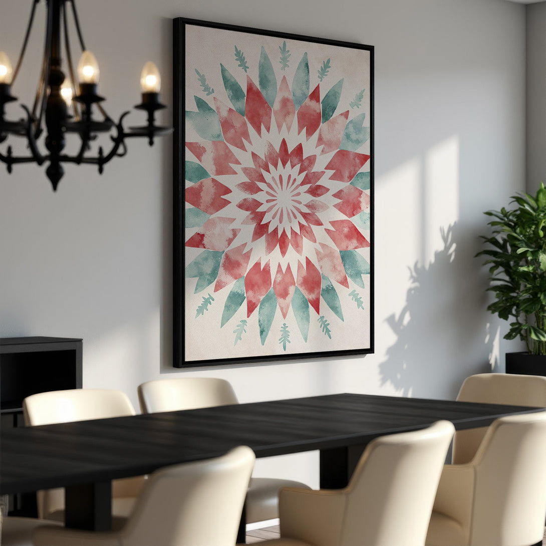 Framed Wall Art featuring a watercolor floral design in red and teal. Modern art print with a neutral color palette, perfect for dining room decor.