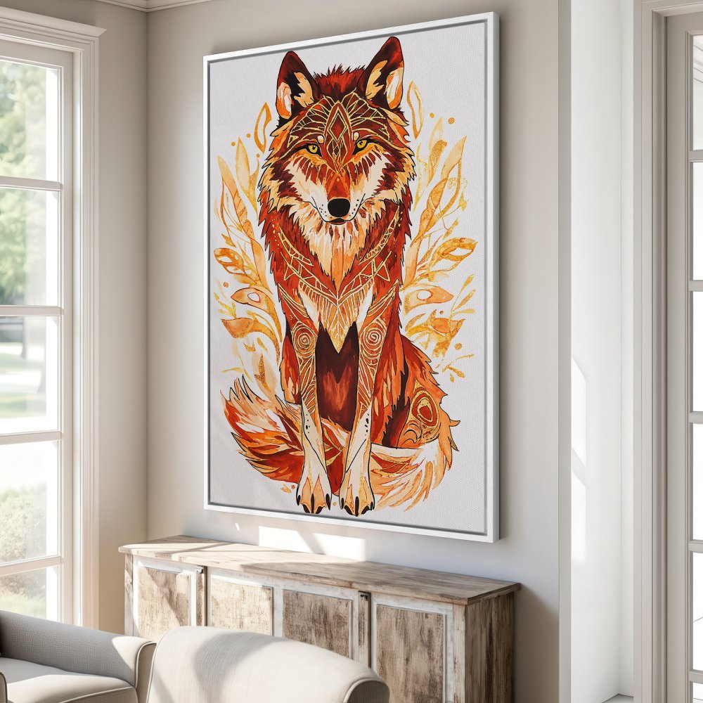 Canvas Print of a majestic wolf in watercolor style, featuring warm orange and gold tones. Perfect framed wall art for your home!