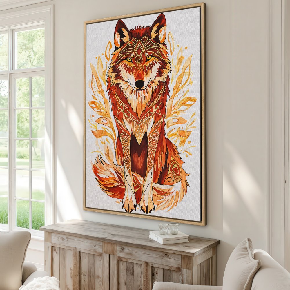 Framed Wall Art: Watercolor wolf print in warm orange & gold tones. Add a touch of nature & art to your home decor!