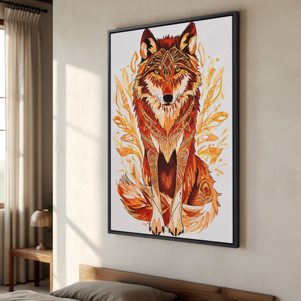 Framed Wall Art: Watercolor wolf print in warm orange tones. Add a touch of nature and style to your home decor with this stunning artwork.