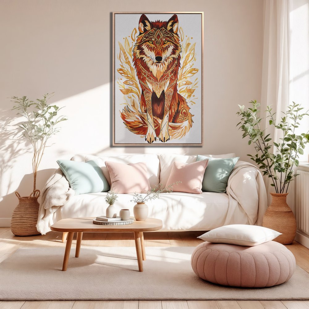 Framed Wall Art: Watercolor wolf print in warm orange and gold tones. Boho style canvas art for living room decor.