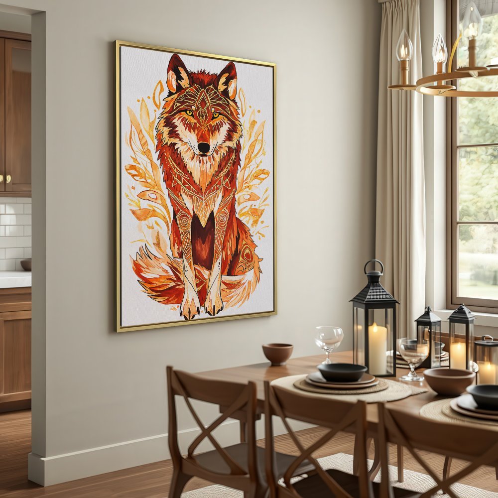 Canvas Print of a majestic wolf in warm orange tones. Watercolor style wall art for a cozy, rustic interior.