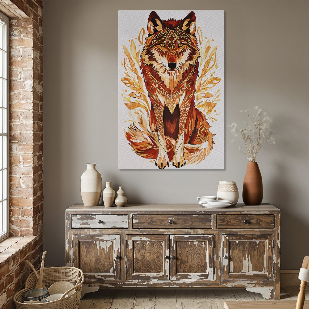 Framed Wall Art: Majestic wolf illustration in warm orange tones. Perfect for adding a touch of nature-inspired art to your home decor.