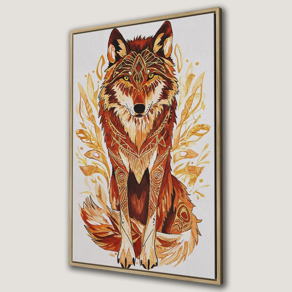 Framed Wall Art: Watercolor wolf print in warm orange and brown tones. Add a touch of nature and artistry to your home decor.